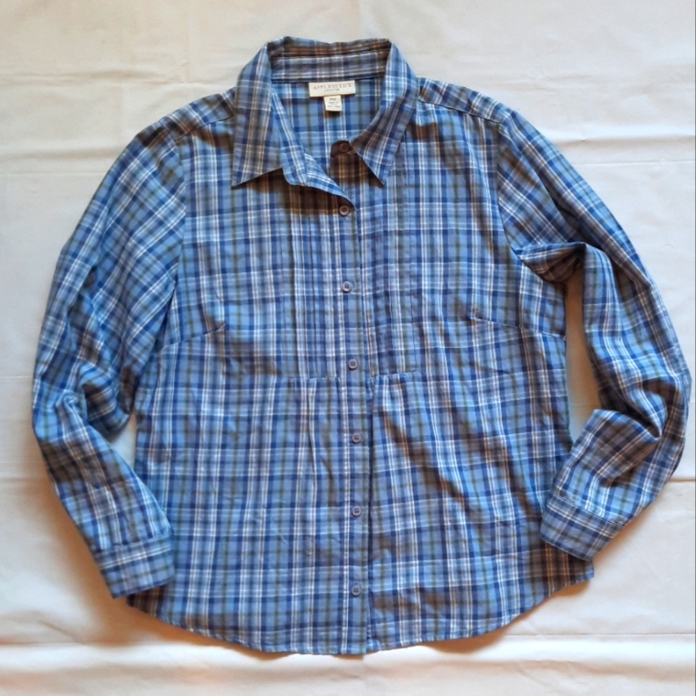 Appleseed's Petite Blue Plaid Button Up LS Retro Shirt Women's Size: Petite M